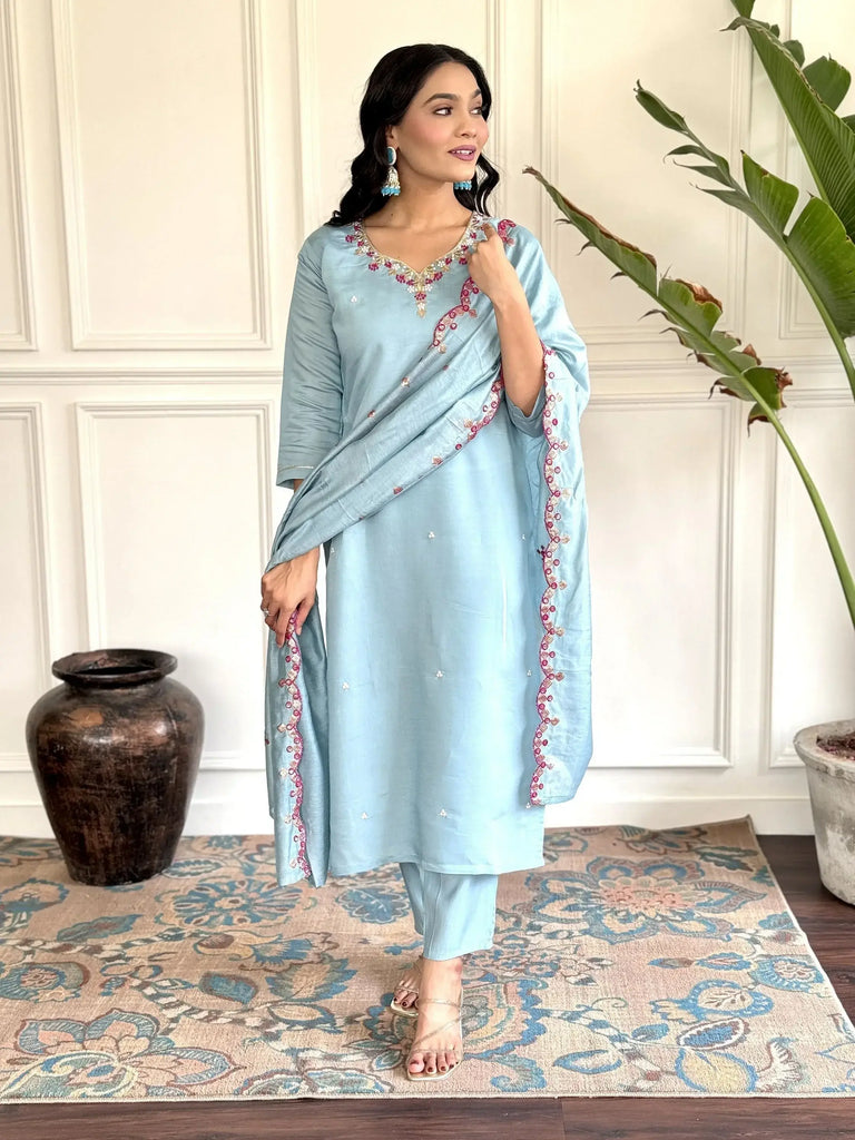 Attractive Sky Blue Embroidered Chanderi Silk Function Wear Pant Suit