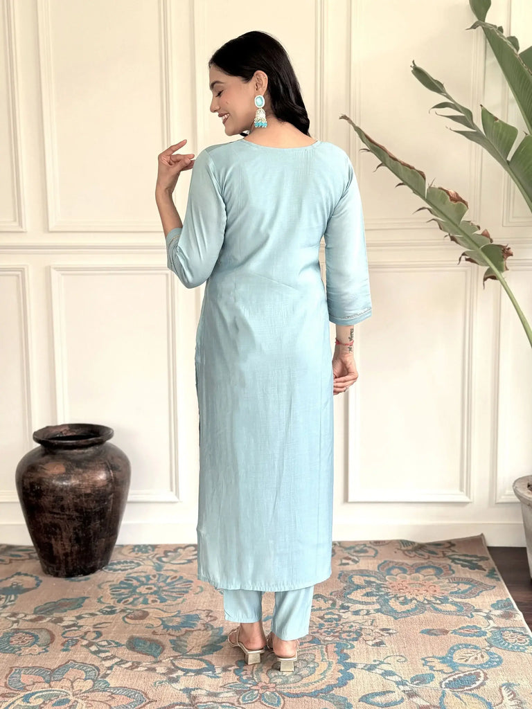Attractive Sky Blue Embroidered Chanderi Silk Function Wear Pant Suit