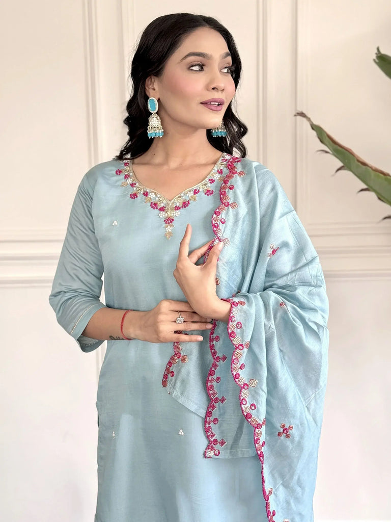 Attractive Sky Blue Embroidered Chanderi Silk Function Wear Pant Suit