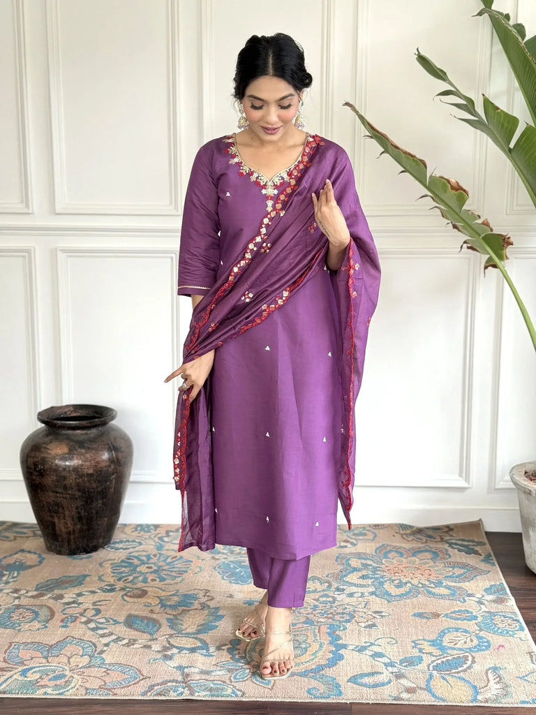 Alluring Purple Embroidered Chanderi Silk Event Wear Pant Suit