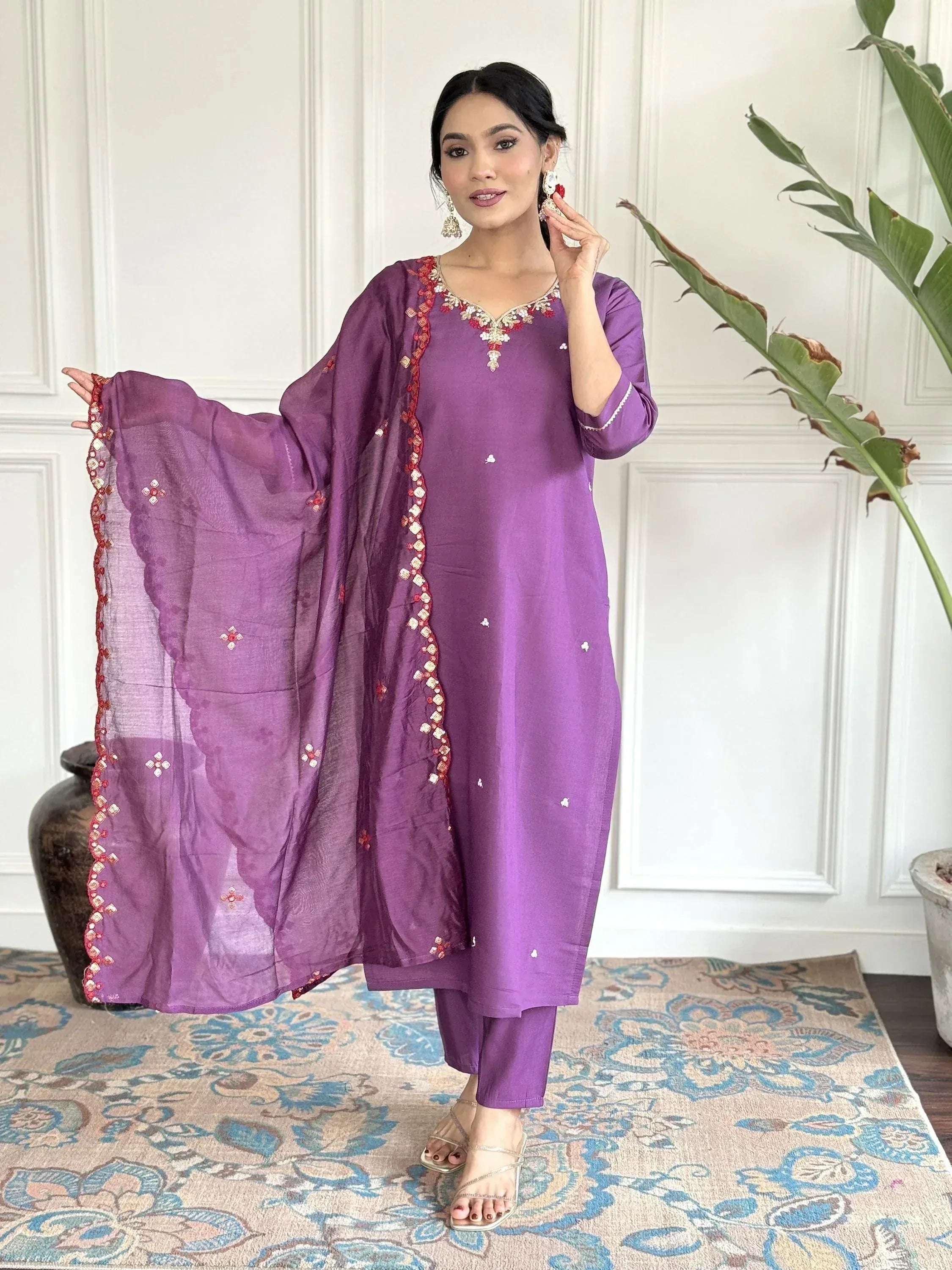 Purple embroidered salwar kameez with matching dupatta, ethnic Indian wear for women