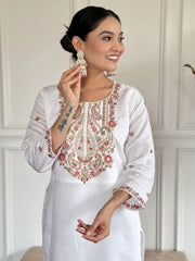 Desirable White Embroidered Chanderi Silk Traditional Pant Suit