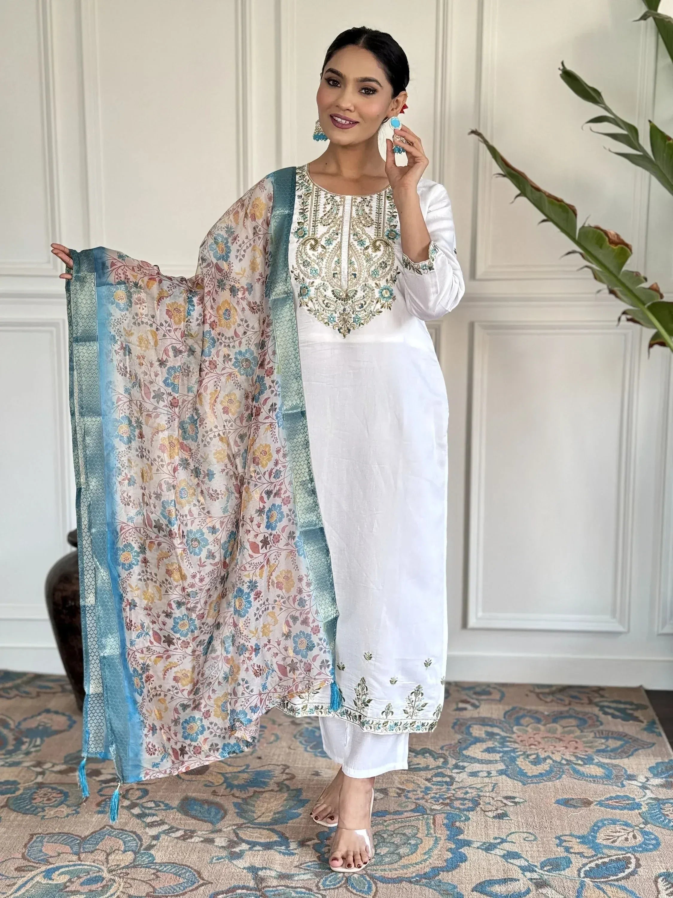 White embroidered kurta with floral dupatta, Indian ethnic wear for women