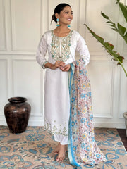 Sensual White Embroidered Chanderi Silk Festival Wear Pant Suit