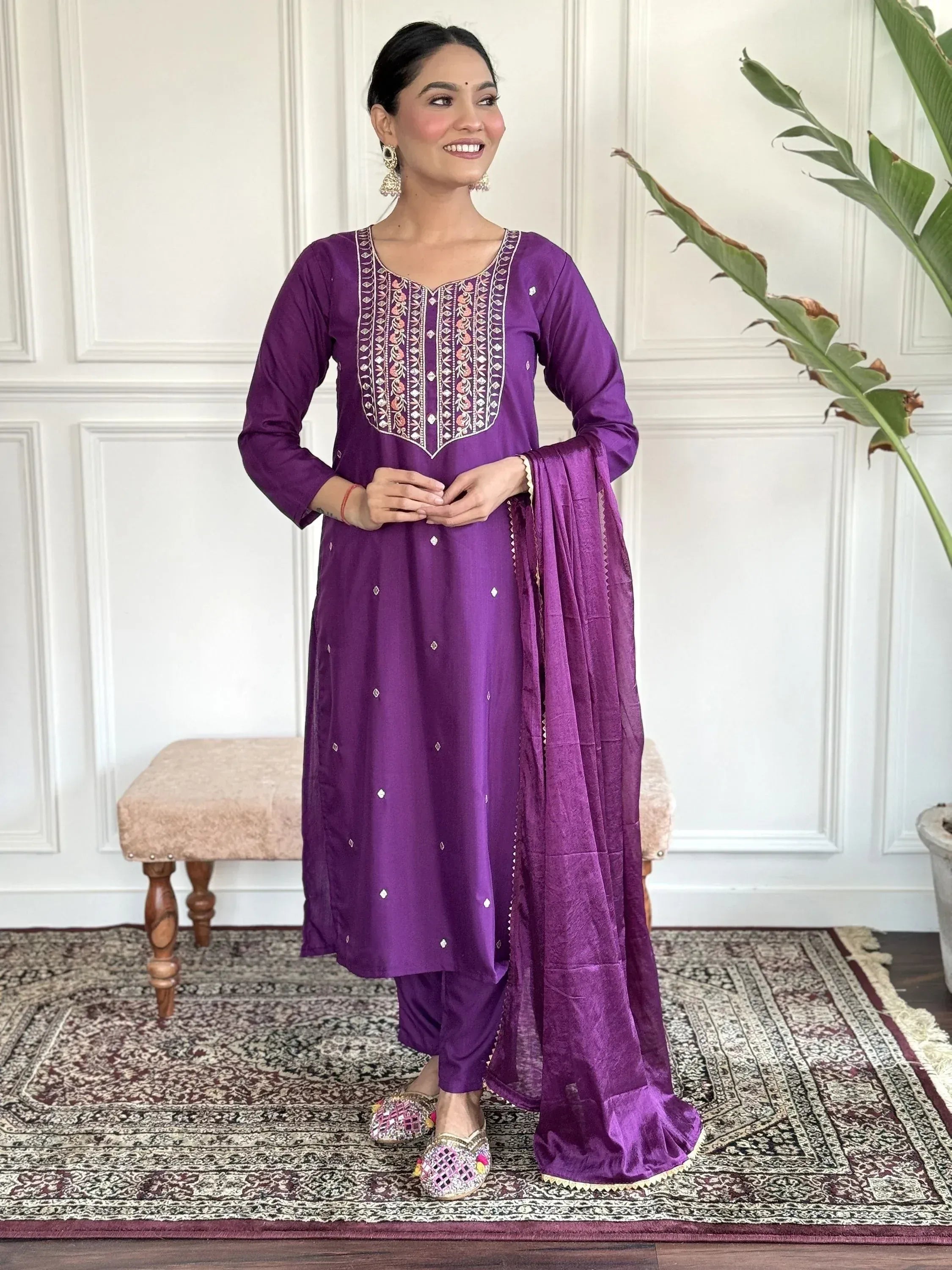 Purple embroidered salwar kameez with matching dupatta, ethnic Indian wear for women