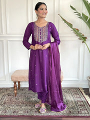 Bewitching Purple Embroidered Rayon Event Wear Pant Suit With Dupatta