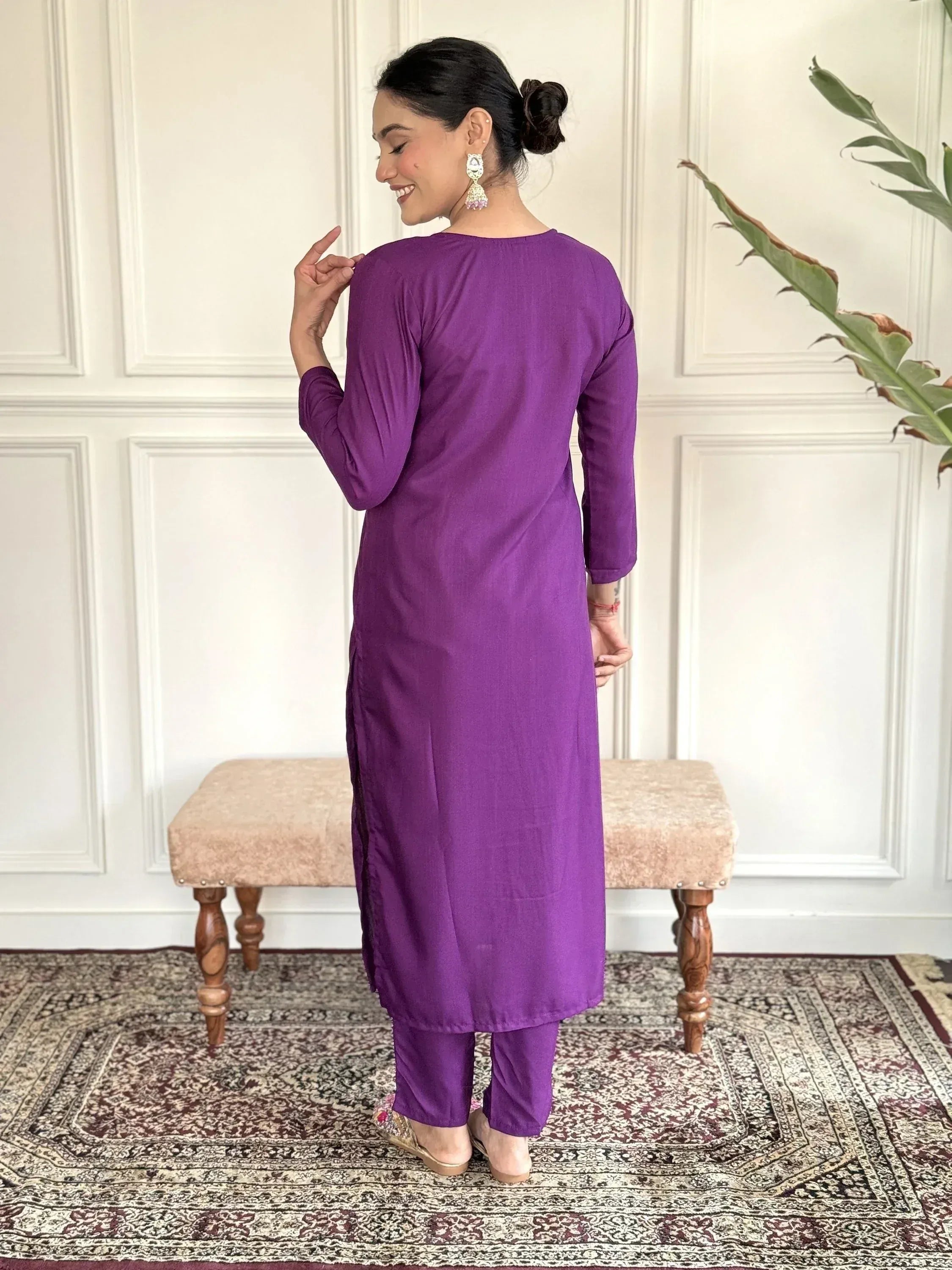 Purple ethnic kurta set with matching pants, perfect for Indian wear occasions