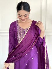 Bewitching Purple Embroidered Rayon Event Wear Pant Suit With Dupatta