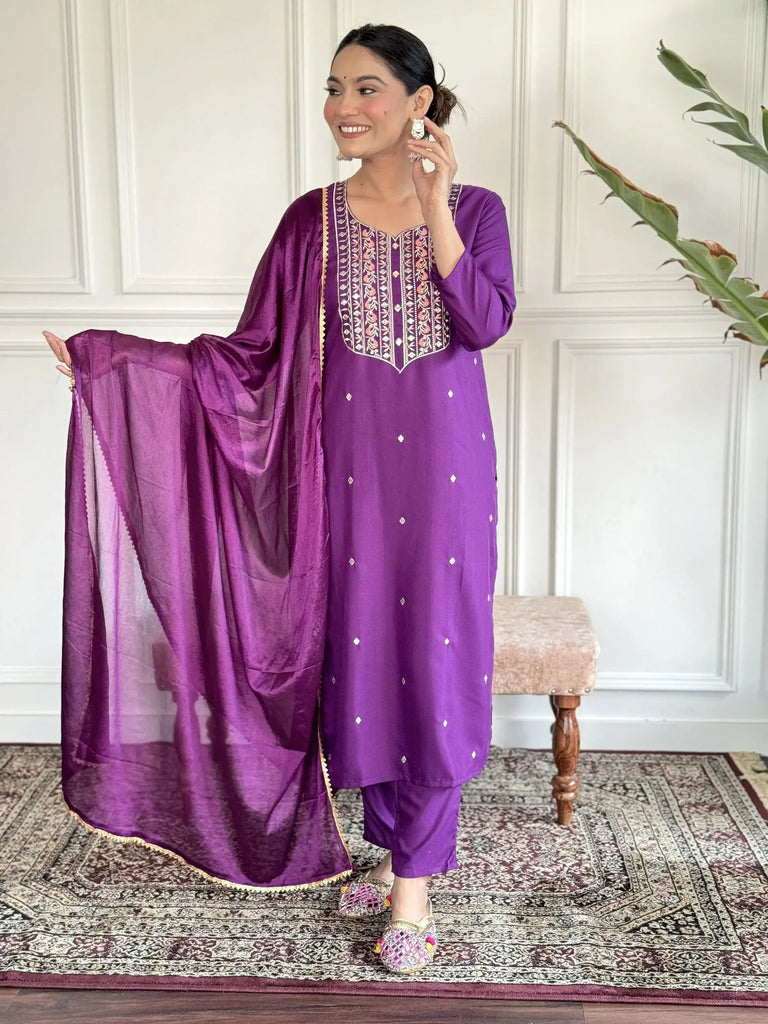 Bewitching Purple Embroidered Rayon Event Wear Pant Suit With Dupatta