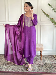 Bewitching Purple Embroidered Rayon Event Wear Pant Suit With Dupatta