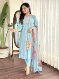 Captivating Sky Blue Embroidered Chanderi Silk Function Wear Pant Suit