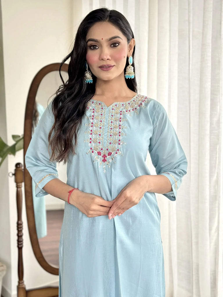Captivating Sky Blue Embroidered Chanderi Silk Function Wear Pant Suit
