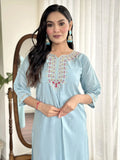 Captivating Sky Blue Embroidered Chanderi Silk Function Wear Pant Suit