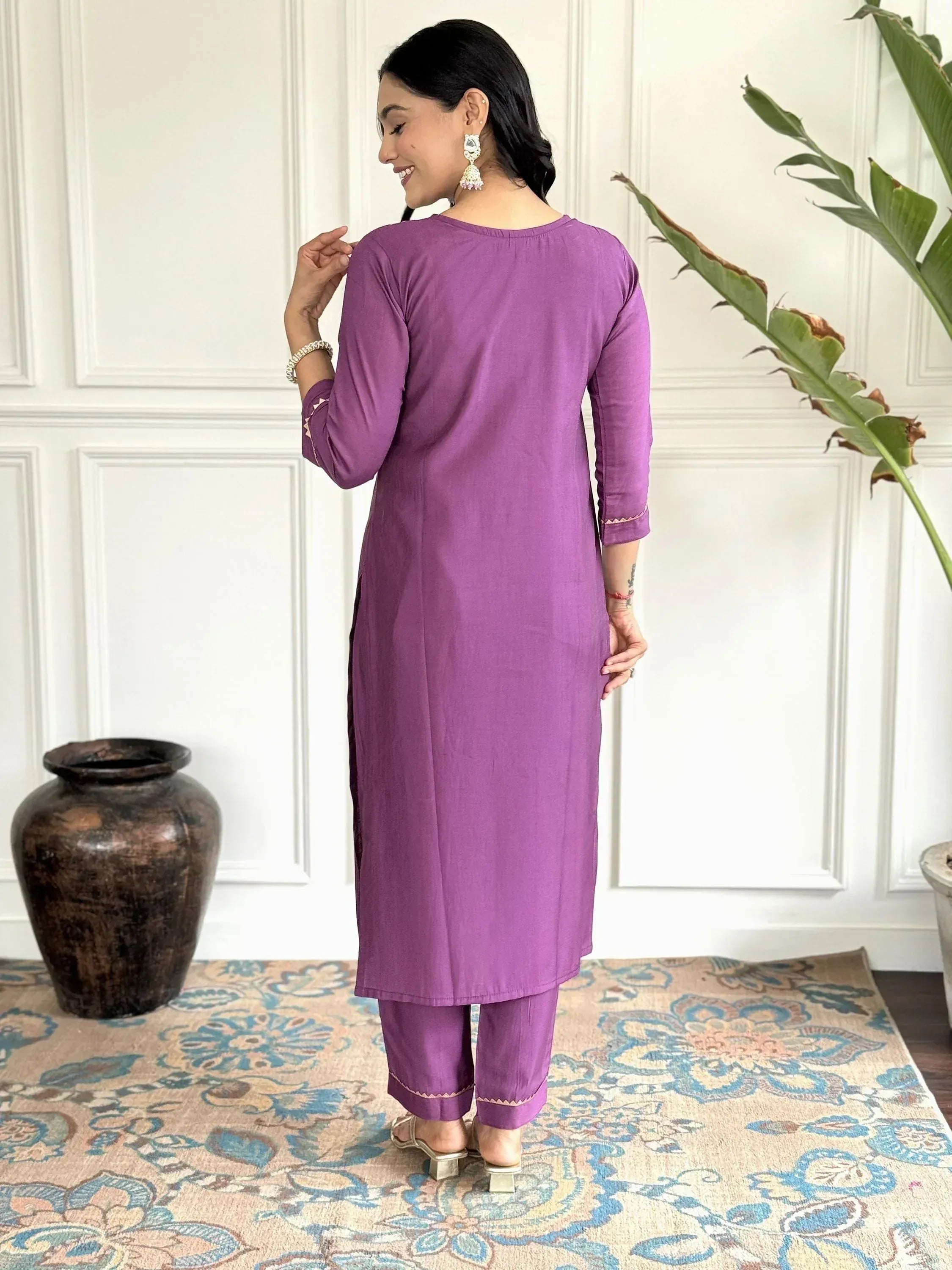 Purple ethnic kurta set with matching pants, perfect for Indian wear occasions