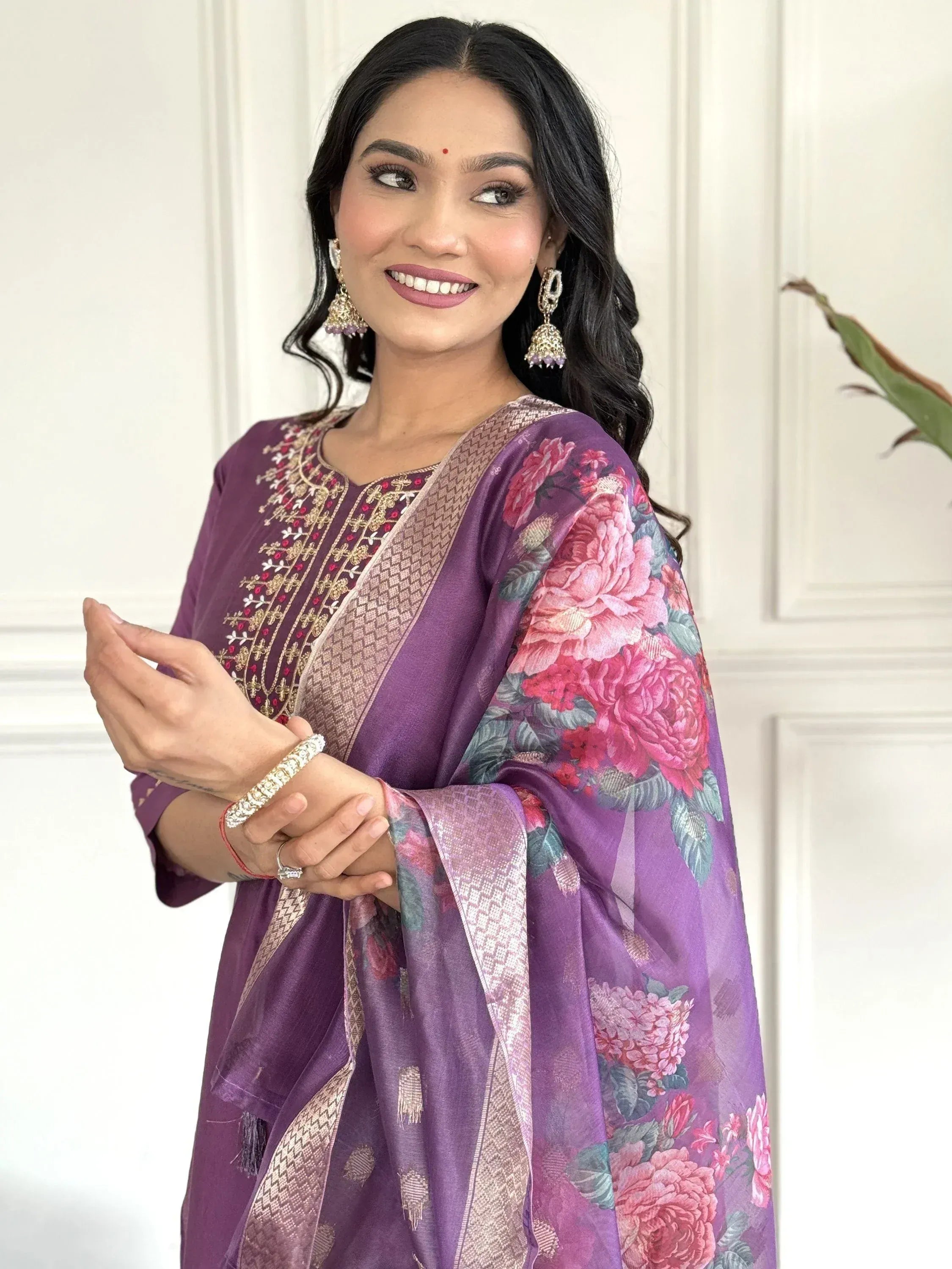 Purple embroidered salwar kameez with floral dupatta, Indian ethnic wear for women