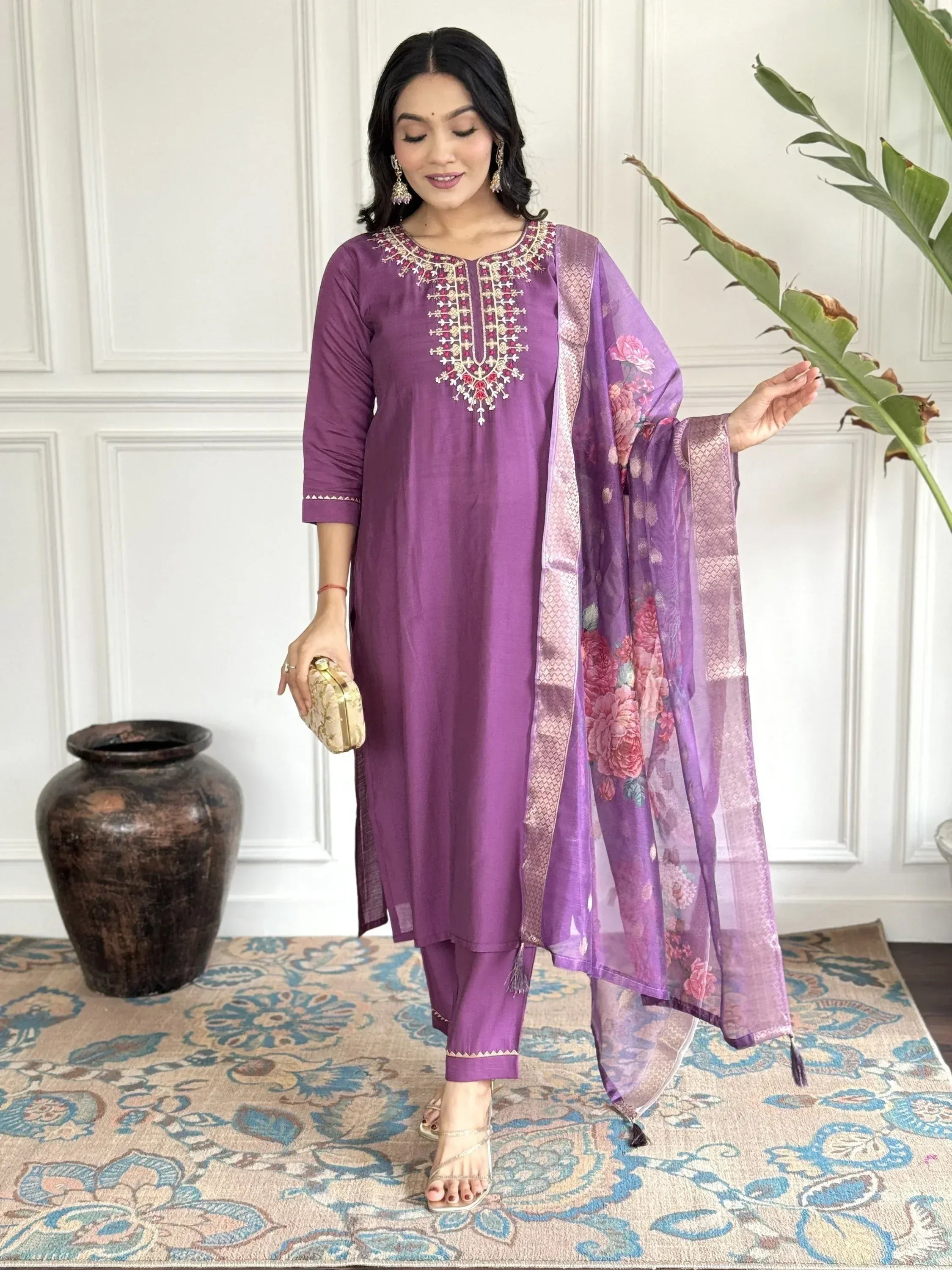 Purple embroidered salwar kameez with floral dupatta, Indian ethnic wear for women
