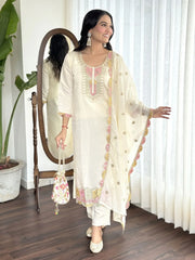 Impressive Cream Embroidered Chanderi Silk Event Wear Pant Suit