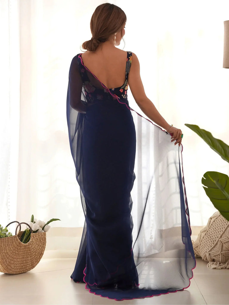 Beautiful Navy Blue Color Georgette Event Wear Saree With Blouse
