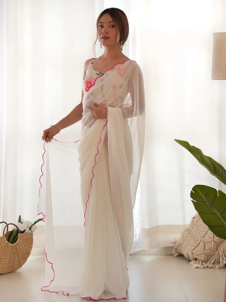 Captivating White Color Georgette Function Wear Saree With Blouse