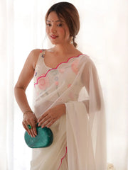 Captivating White Color Georgette Function Wear Saree With Blouse