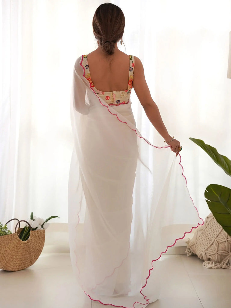 Captivating White Color Georgette Function Wear Saree With Blouse