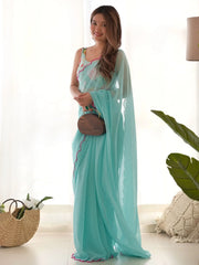 Glamorous Sky Blue Georgette Cocktail Party Wear Saree With Blouse