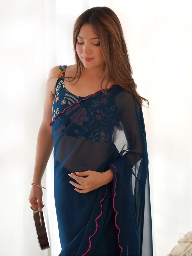 Wonderful Blue Georgette Reception Wear Saree With Blouse