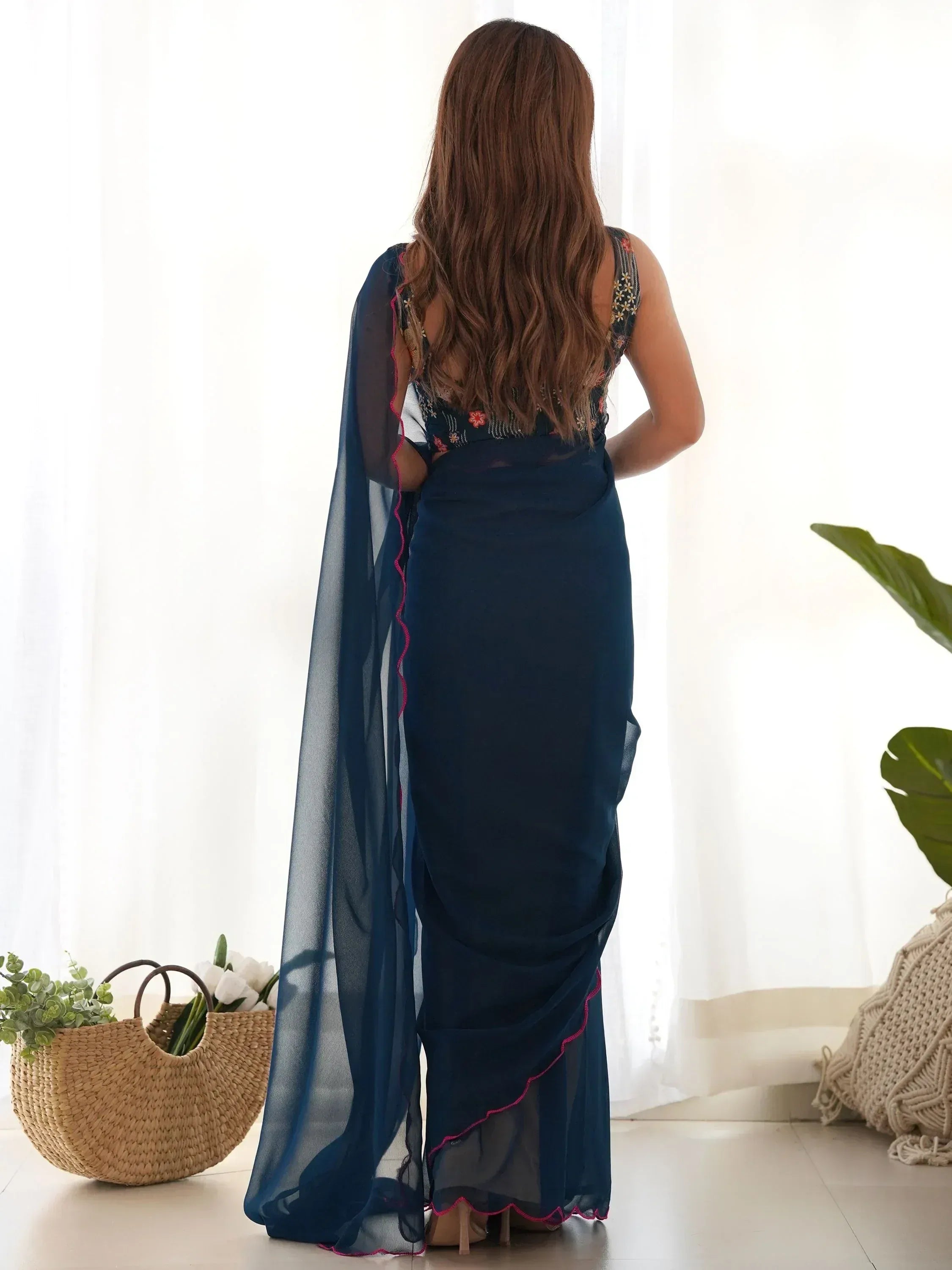 Navy blue saree with floral embroidered blouse and sheer dupatta, Indian ethnic wear
