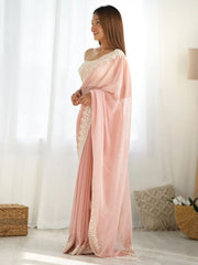 Breathtaking Peach Stone Work Georgette Engagement Wear Saree