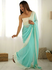 Striking Sky Blue Stone Work Georgette Function Wear Saree With Blouse