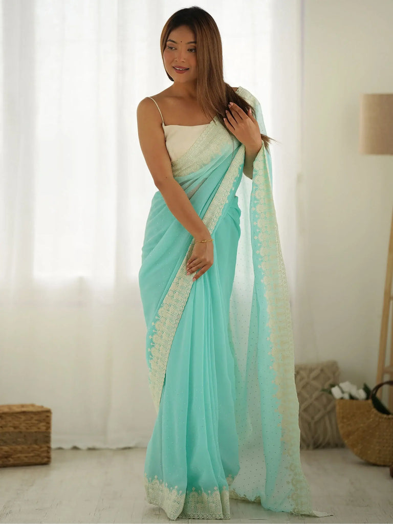Striking Sky Blue Stone Work Georgette Function Wear Saree With Blouse