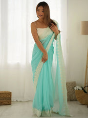 Striking Sky Blue Stone Work Georgette Function Wear Saree With Blouse
