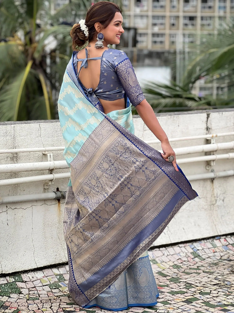 Wondrous Powder Blue Zari Weaving Tissue Silk Wedding Wear Saree