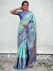 Wondrous Powder Blue Zari Weaving Tissue Silk Wedding Wear Saree