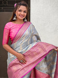 Impressive Grey Color Zari Weaving Tissue Silk Wedding Wear Saree