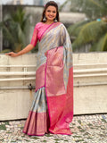 Impressive Grey Color Zari Weaving Tissue Silk Wedding Wear Saree