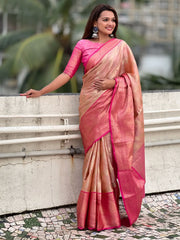 Outstanding Peach Color Zari Weaving Tissue Silk Event Wear Saree