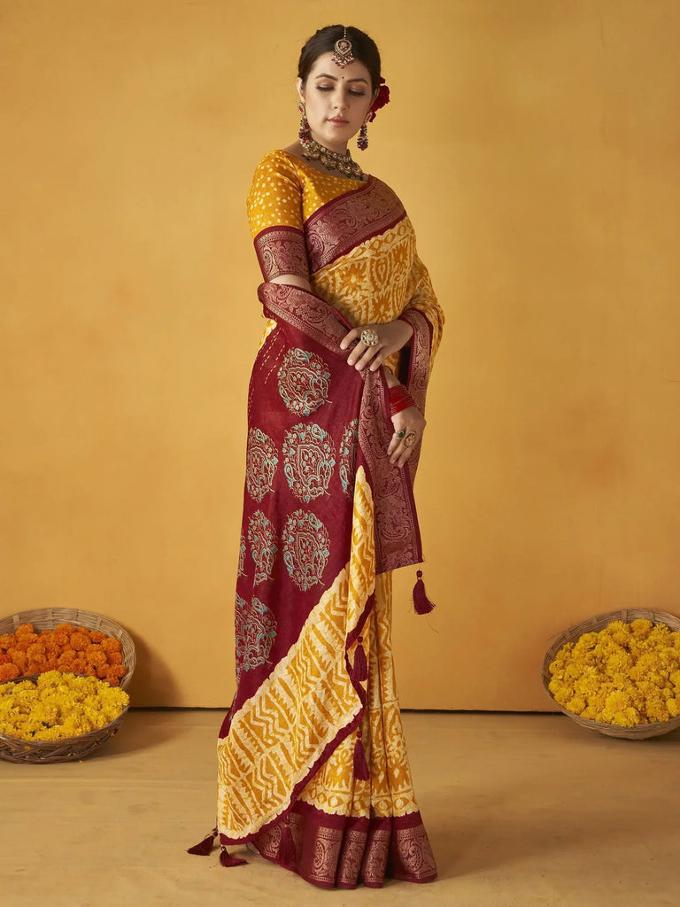 Wonderful Mustard Printed Tussar Silk Haldi Wear Saree With Blouse