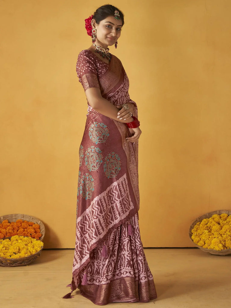 Awesome Pink Printed Tussar Silk Festival Wear Saree With Blouse