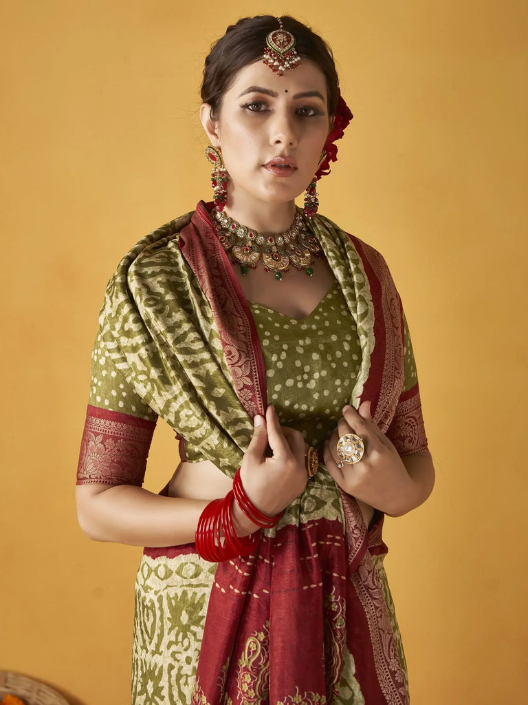 Lavish Olive Green Printed Tussar Silk Traditional Saree With Blouse