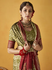 Lavish Olive Green Printed Tussar Silk Traditional Saree With Blouse