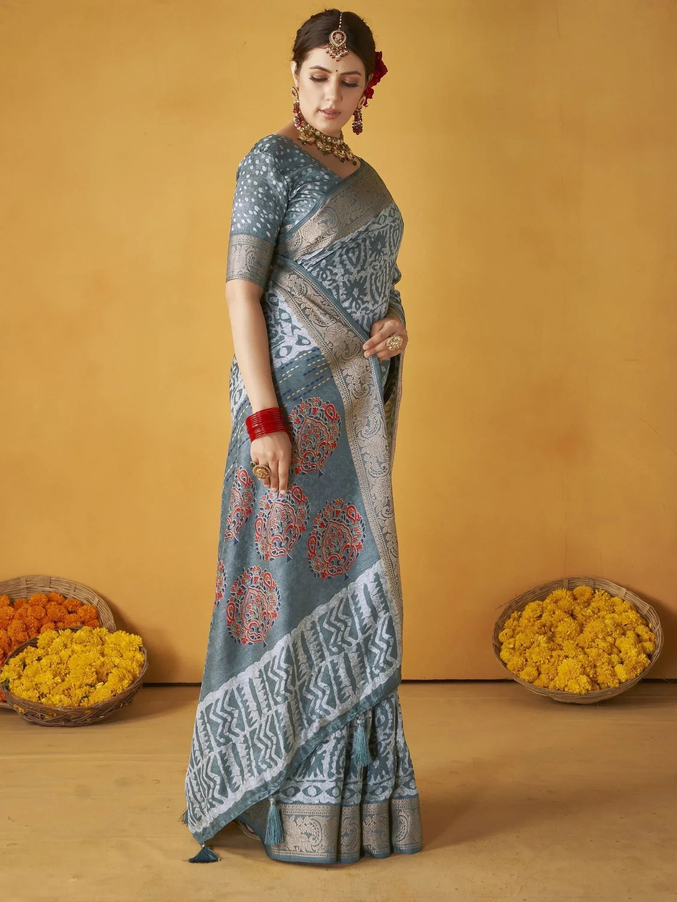 Blue printed saree with gold border, traditional Indian ethnic wear, festive occasion attire