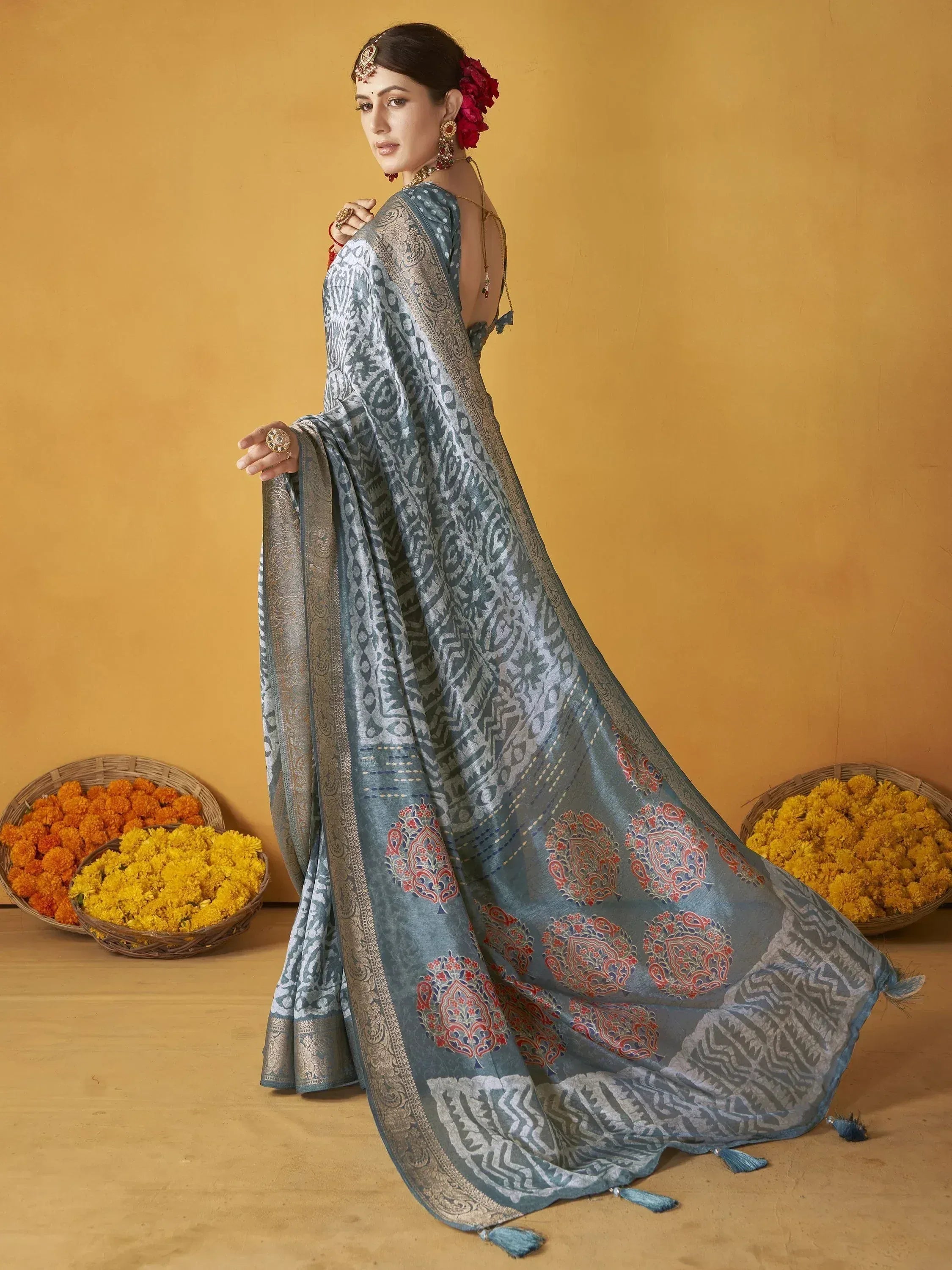 Blue printed saree with gold border, ethnic wear for women, floral motifs, traditional Indian attire