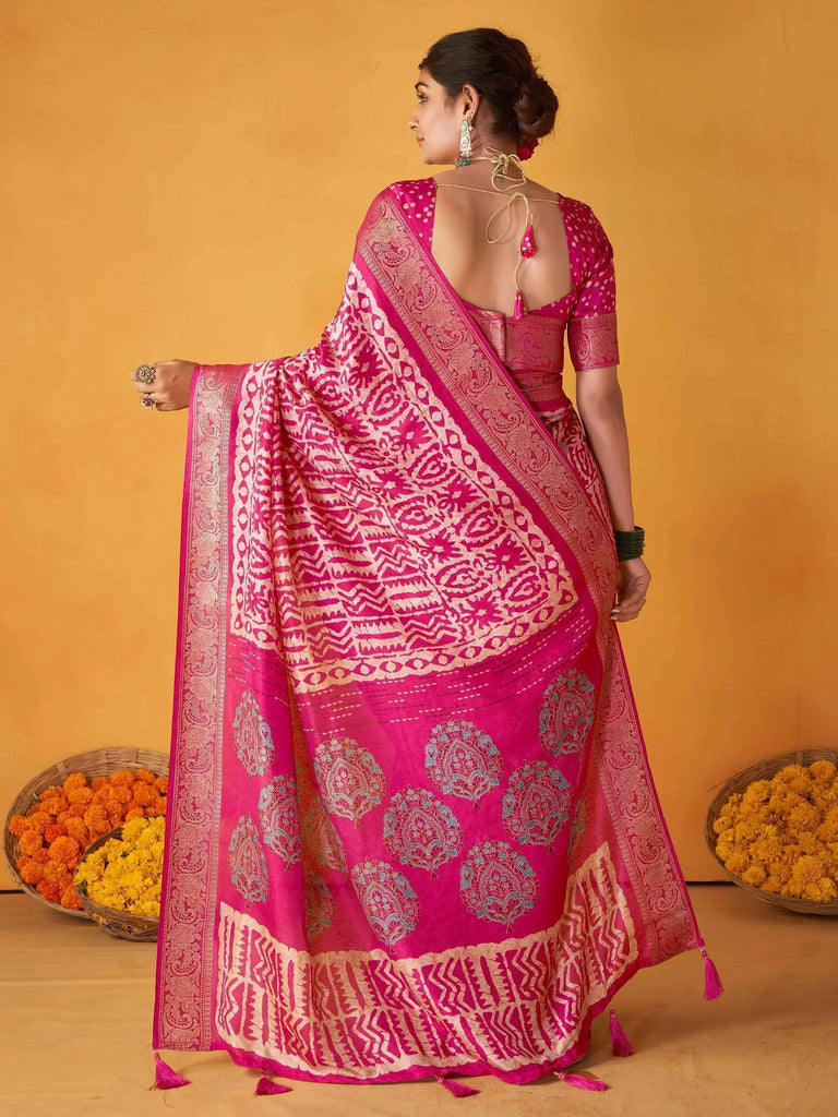 Adorable Rani Pink Printed Tussar Silk Function Wear Saree With Blouse