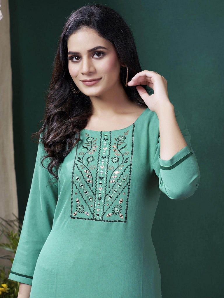 Beautiful Sea Green Hand Work Cotton Casual Wear Kurti With Pant