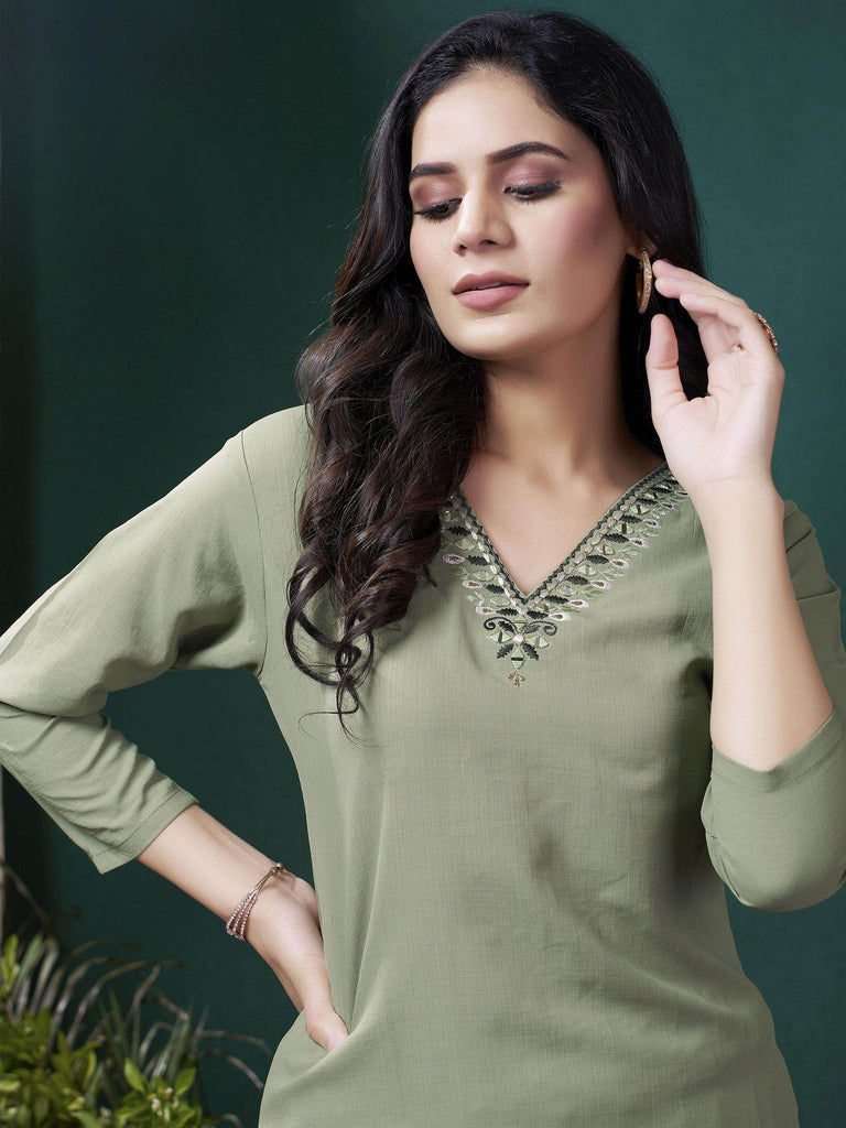 Exquisite Olive Green Hand Work Cotton Daily Wear Kurti With Pant