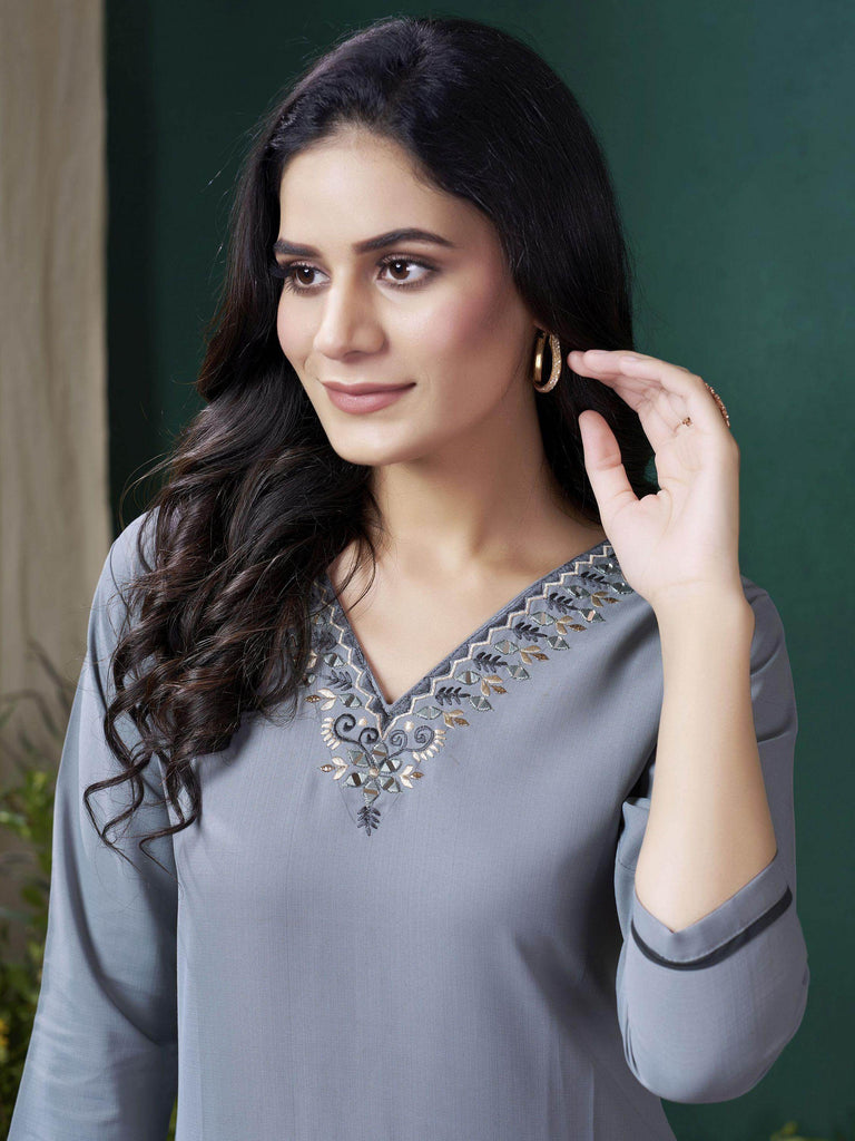 Endearing Grey Hand Work Cotton Festival Wear Kurti With Pant