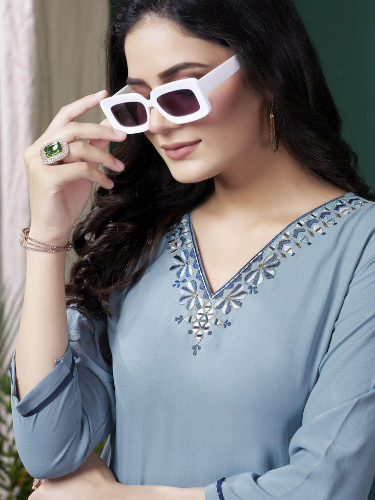 Astonishing Powder Blue Hand Work Cotton Traditional Kurti With Pant