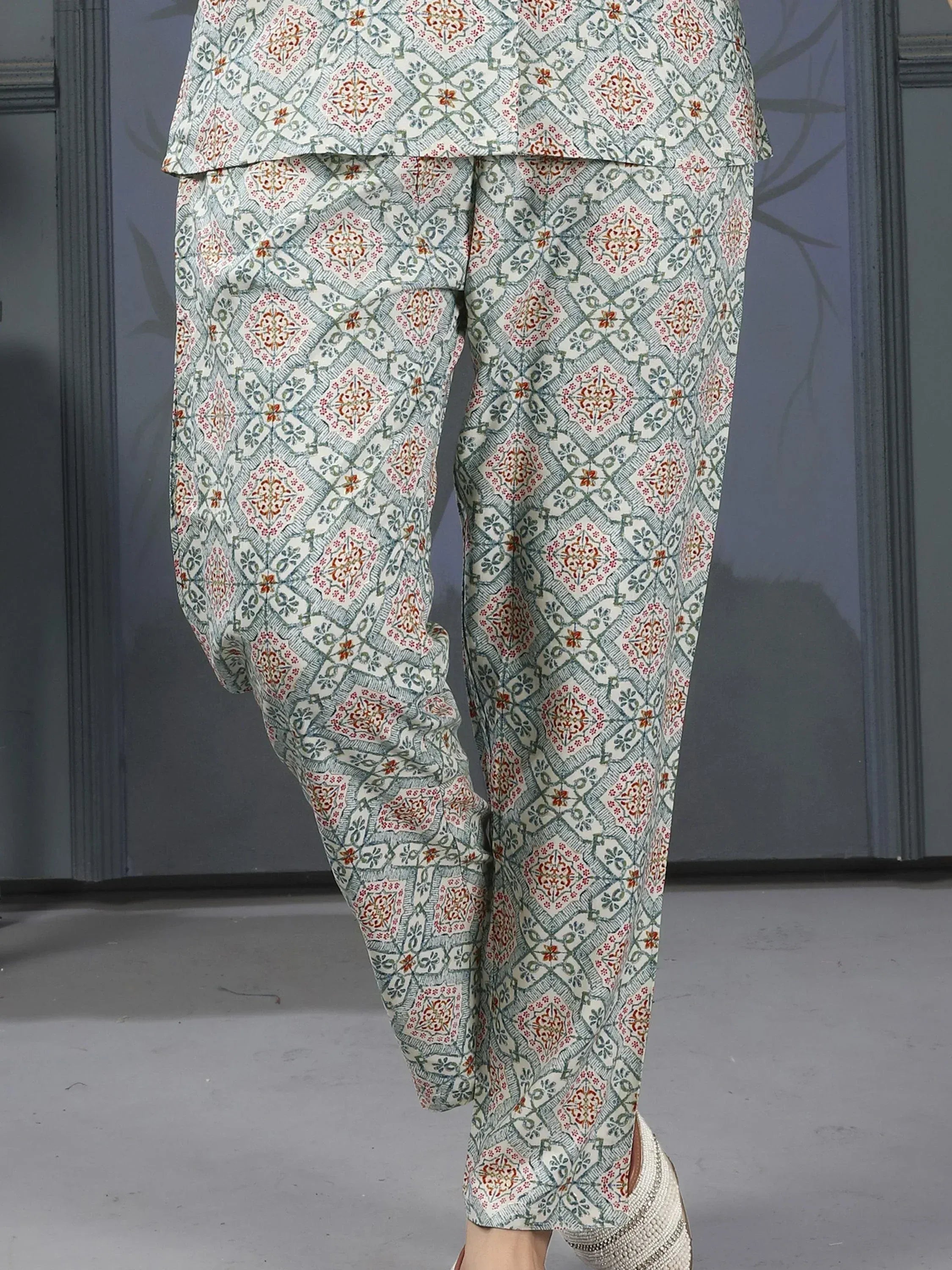 Ethnic printed palazzo pants with floral geometric pattern, ideal for traditional Indian wear