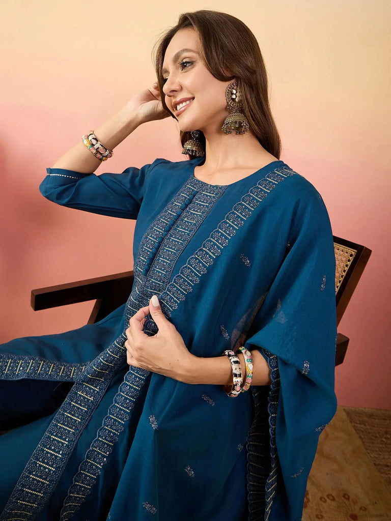 Tantalizing Blue Embroidered Silk Function Wear Pant Suit With Dupatta